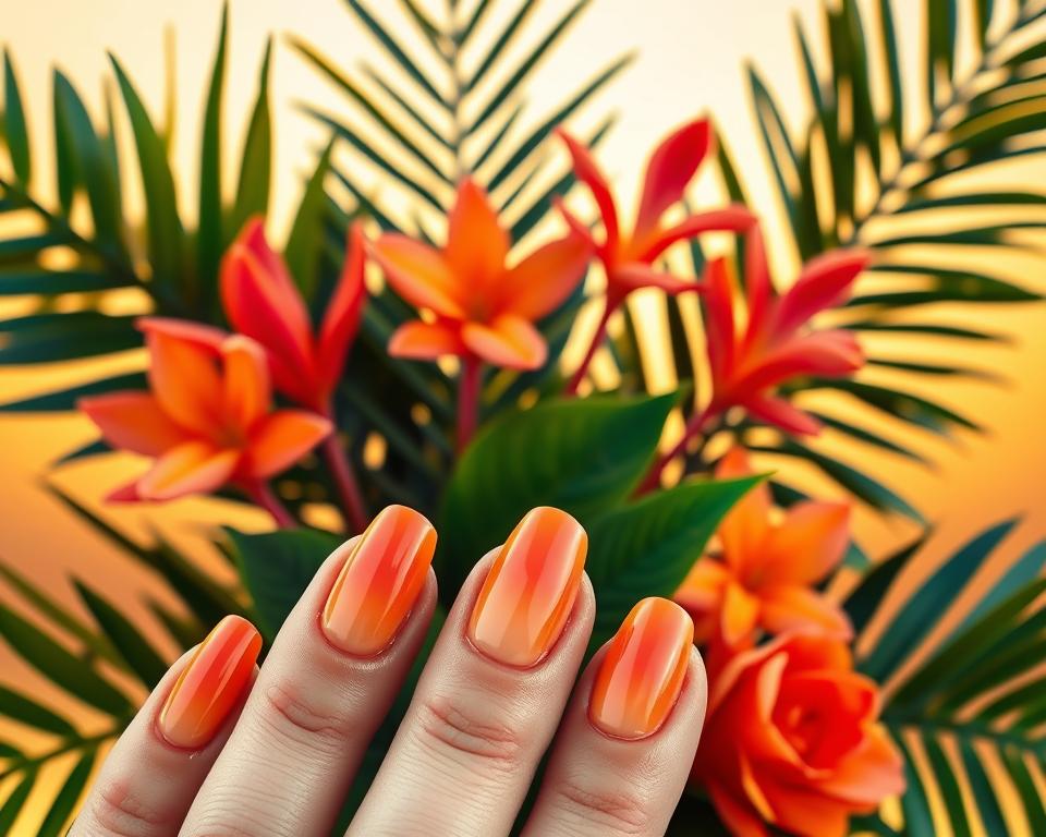 A vibrant and sun-kissed nail art display, capturing the essence of summer. In the foreground, a set of perfectly manicured nails adorned with a gradient of warm, tangerine hues, ranging from soft peach to a bold, fiery orange. The nails are meticulously shaped, with a subtle sheen that catches the light, creating a captivating and eye-catching effect. The middle ground features a playful arrangement of tropical foliage, with lush, verdant leaves and delicate, sun-dappled petals in shades of coral and amber. In the background, a hazy, golden sky sets the scene, evoking a sense of lazy, carefree days and the inviting warmth of a summer day. The overall composition emanates a mood of vibrant, joyful elegance, perfectly suited for the "Pomarańczowe paznokcie na różne okazje" section of the article. A vibrant and sun-kissed nail art display, capturing the essence of summer. In the foreground, a set of perfectly manicured nails adorned with a gradient of warm, tangerine hues, ranging from soft peach to a bold, fiery orange. The nails are meticulously shaped, with a subtle sheen that catches the light, creating a captivating and eye-catching effect. The middle ground features a playful arrangement of tropical foliage, with lush, verdant leaves and delicate, sun-dappled petals in shades of coral and amber. In the background, a hazy, golden sky sets the scene, evoking a sense of lazy, carefree days and the inviting warmth of a summer day. The overall composition emanates a mood of vibrant, joyful elegance, perfectly suited for the "Pomarańczowe paznokcie na różne okazje" section of the article.