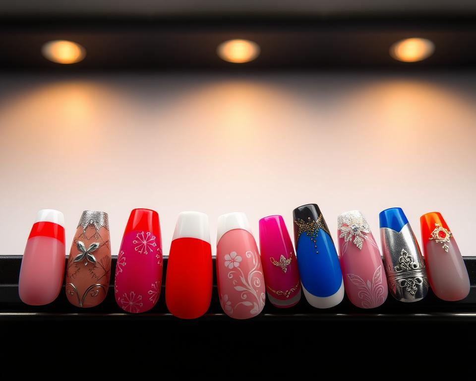 A vibrant array of French manicure designs for the year 2023, showcasing a range of bold, striking color palettes. In the foreground, a series of expertly crafted nails, each featuring a distinct, eye-catching color scheme - from vivid reds and blues to soft pastels and metallics. The middle ground highlights intricate patterns and textures, with delicate floral motifs and geometric designs adding depth and dimension. The background sets the scene with a sleek, minimalist backdrop, allowing the vibrant colors and details to take center stage. Elegant lighting casts a warm, sophisticated glow, accentuating the lustrous finishes and precise application. The overall composition conveys a sense of modern, fashion-forward style, perfectly capturing the latest trends in colorful French manicures.