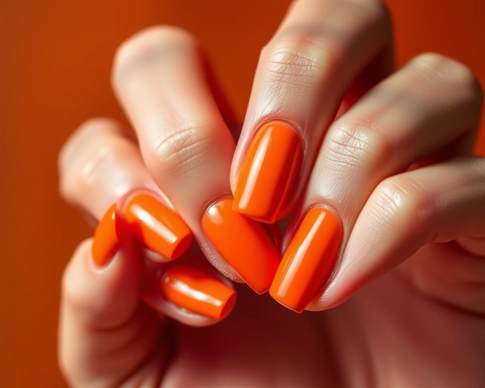 A vibrant array of orange hues adorns the manicured nails, captured in a crisp, close-up shot. The nails are arranged in a fan-like display, showcasing a spectrum from deep tangerine to bright, neon-tinged shades. Soft, warm lighting bathes the scene, casting subtle shadows that accentuate the dimensional texture of the polished nail surfaces. The focus is sharp, drawing the viewer's attention to the intricate details and nuances of each individual shade. The overall composition conveys a sense of sophistication and style, perfectly illustrating the range of orange tones that can elevate a classic nail design. A vibrant array of orange hues adorns the manicured nails, captured in a crisp, close-up shot. The nails are arranged in a fan-like display, showcasing a spectrum from deep tangerine to bright, neon-tinged shades. Soft, warm lighting bathes the scene, casting subtle shadows that accentuate the dimensional texture of the polished nail surfaces. The focus is sharp, drawing the viewer's attention to the intricate details and nuances of each individual shade. The overall composition conveys a sense of sophistication and style, perfectly illustrating the range of orange tones that can elevate a classic nail design.