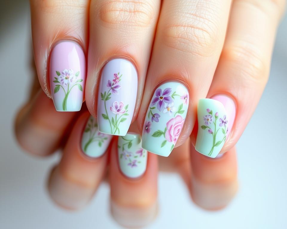 A vibrant spring-inspired manicure with delicate floral designs, captured in a crisp, close-up photograph. The nails are adorned with intricate nail art techniques, featuring pastel shades of pink, lavender, and mint blended seamlessly. The lighting is soft and diffused, accentuating the textural details of the nail polish and its glossy finish. The composition is focused on the hands, with a clean, uncluttered background that allows the nail designs to take center stage. The overall mood is fresh, playful, and evocative of the season's renewal. A vibrant spring-inspired manicure with delicate floral designs, captured in a crisp, close-up photograph. The nails are adorned with intricate nail art techniques, featuring pastel shades of pink, lavender, and mint blended seamlessly. The lighting is soft and diffused, accentuating the textural details of the nail polish and its glossy finish. The composition is focused on the hands, with a clean, uncluttered background that allows the nail designs to take center stage. The overall mood is fresh, playful, and evocative of the season's renewal.