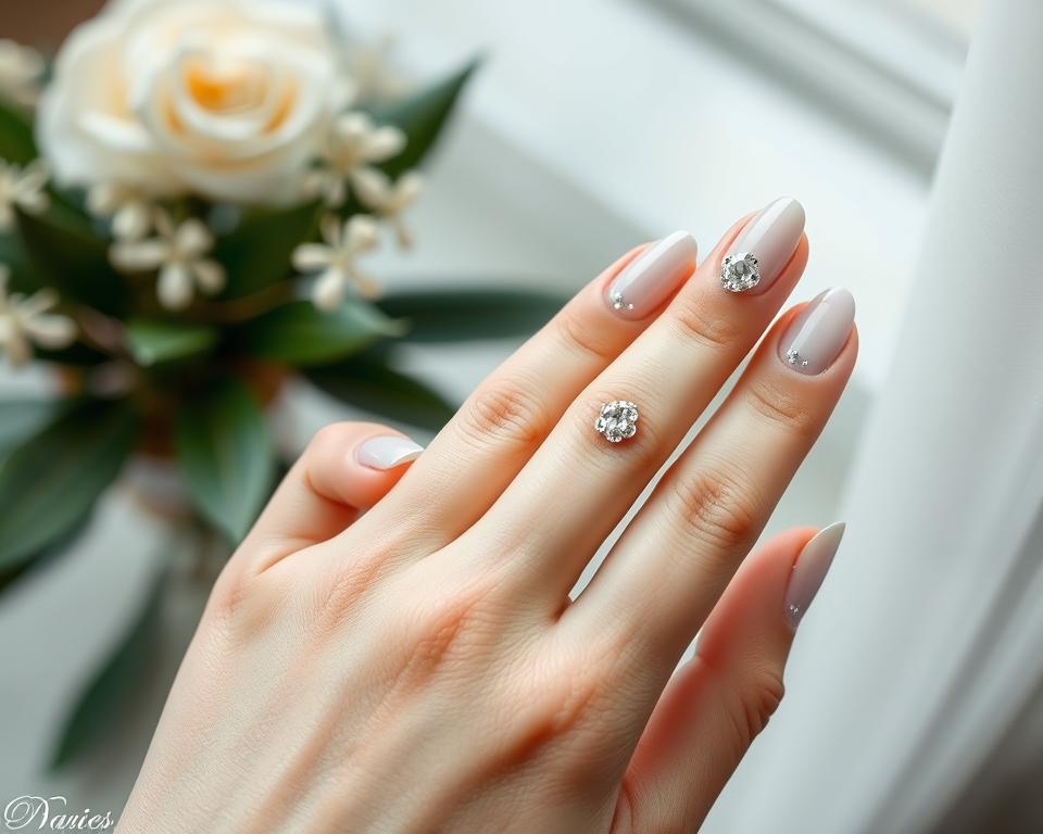 A well-manicured hand delicately adorned with an elegant arrangement of dazzling clear and silver-toned crystals, arranged in a harmonious and visually striking pattern across the nails. The crystals catch the light, casting a subtle prismatic sparkle. The nails are perfectly shaped and buffed to a high gloss, reflecting the surrounding scene. The lighting is soft and diffuse, highlighting the intricate details of the nail art. The composition places the hand in the center, filling the frame and drawing the viewer's eye to the exquisite crystal embellishments. The overall mood is one of refined sophistication and eye-catching glamour. A well-manicured hand delicately adorned with an elegant arrangement of dazzling clear and silver-toned crystals, arranged in a harmonious and visually striking pattern across the nails. The crystals catch the light, casting a subtle prismatic sparkle. The nails are perfectly shaped and buffed to a high gloss, reflecting the surrounding scene. The lighting is soft and diffuse, highlighting the intricate details of the nail art. The composition places the hand in the center, filling the frame and drawing the viewer's eye to the exquisite crystal embellishments. The overall mood is one of refined sophistication and eye-catching glamour.