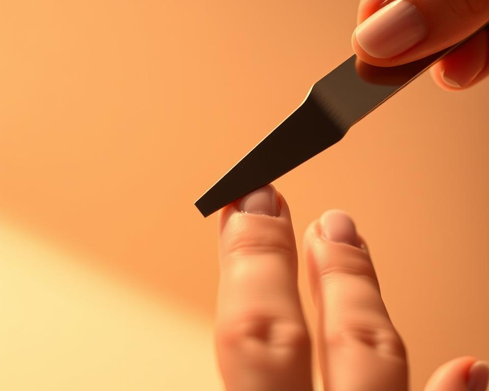 A well-manicured hand holds a nail file, carefully smoothing the surface of a freshly prepared nail. The soft, warm lighting from a directional source casts a gentle glow, highlighting the intricate details of the nail preparation process. The background is blurred, keeping the focus on the foreground action. The fingertips are positioned at a slight angle, providing a clear view of the nail preparation technique. The overall scene conveys a sense of tranquility and attention to detail, reflecting the care and precision required for a high-quality hybrid manicure.