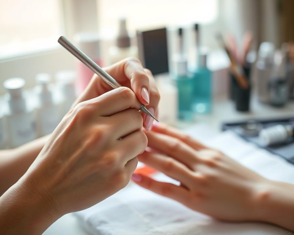 A woman's hands gently filing and shaping her nails in preparation for a classic French manicure. Soft, natural lighting illuminates the delicate process, casting a serene, spa-like ambiance. The fingertips are meticulously groomed, nails trimmed and buffed to a smooth finish. In the background, a tranquil, out-of-focus scene of beauty products and tools lends an air of professionalism to the intimate moment. The overall composition emphasizes the care and attention required to achieve the perfect French manicure - a timeless, elegant look.