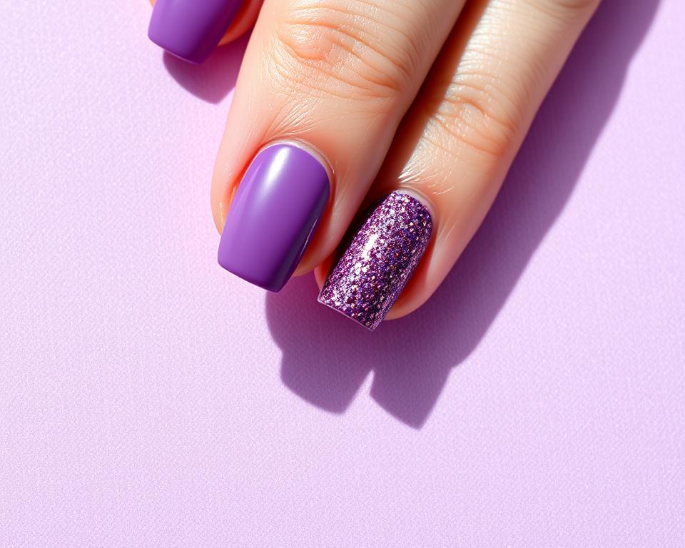 Delicate amethyst hues spread across a canvas of healthy nails, radiating a soft, romantic glow. Flecks of golden shimmer dance across the smooth surfaces, catching the light with a subtle elegance. The nailbeds are perfectly manicured, creating a harmonious balance between the rich, velvety purple tones and the warm metallic accents. A matte finish adds depth and sophistication, while the overall composition exudes a sense of quiet refinement. Gentle shadows accentuate the natural curves of the nails, creating depth and dimension. The resulting image evokes a sense of tranquility and understated glamour, perfectly complementing the article's focus on exploring the diverse shades of violet for the nails.