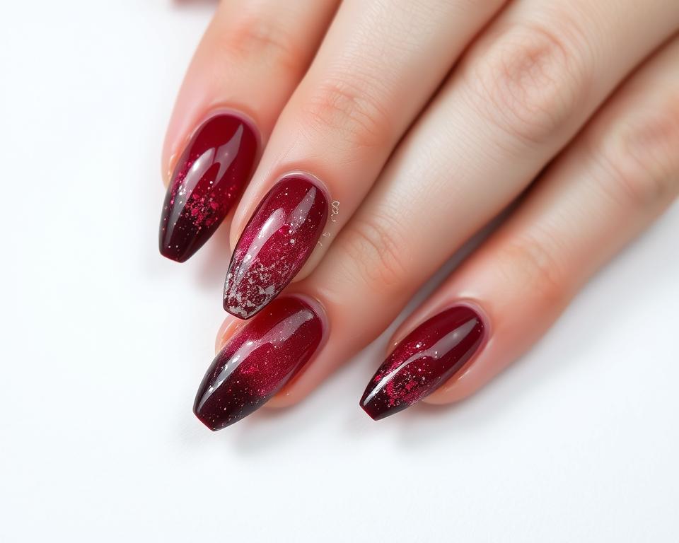 Delicate burgundy nails, adorned with a mesmerizing ombre effect and shimmering flecks of glitter. The nails are meticulously shaped, each one a canvas for this elegant and sophisticated manicure. Soft lighting casts a warm, inviting glow, highlighting the depth and texture of the polish. The nails are displayed against a clean, minimalist background, allowing the beauty of the design to take center stage. This image perfectly captures the essence of a refined and visually striking gel manicure, embodying the essence of the "Rodzaje manicure z bordowymi paznokciami" section of the article.