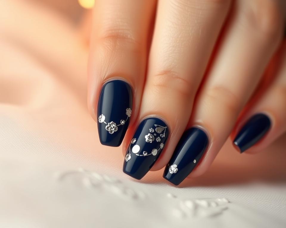 Delicate navy blue nails with intricate silver foil accents, meticulously arranged in a visually striking design. The nails are set against a softly blurred, ethereal background, creating a serene and sophisticated atmosphere. Warm, directional lighting subtly accentuates the textures and reflections of the metallic embellishments, evoking a sense of elegant refinement. The overall composition celebrates the beauty of creative manicure, inspiring viewers to explore the artistic possibilities of nail art.