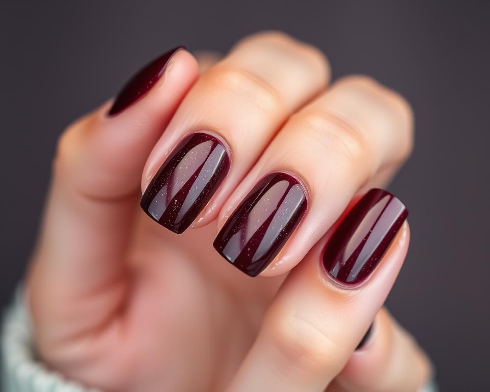 Detailed close-up of a manicured hand, fingers adorned with perfectly shaped and polished burgundy hybrid nails. The nails have a lustrous, gel-like finish, reflecting the warm lighting above. Subtle sparkles of fine glitter are embedded within the deep burgundy hue, adding a touch of glamour. The skin around the nails is hydrated and well-groomed, framing the nails beautifully. The composition is centered on the nails, filling the frame, with a smooth, out-of-focus background to emphasize the subject. The overall mood is one of elegance, sophistication, and attention to detail in nail care. Detailed close-up of a manicured hand, fingers adorned with perfectly shaped and polished burgundy hybrid nails. The nails have a lustrous, gel-like finish, reflecting the warm lighting above. Subtle sparkles of fine glitter are embedded within the deep burgundy hue, adding a touch of glamour. The skin around the nails is hydrated and well-groomed, framing the nails beautifully. The composition is centered on the nails, filling the frame, with a smooth, out-of-focus background to emphasize the subject. The overall mood is one of elegance, sophistication, and attention to detail in nail care.