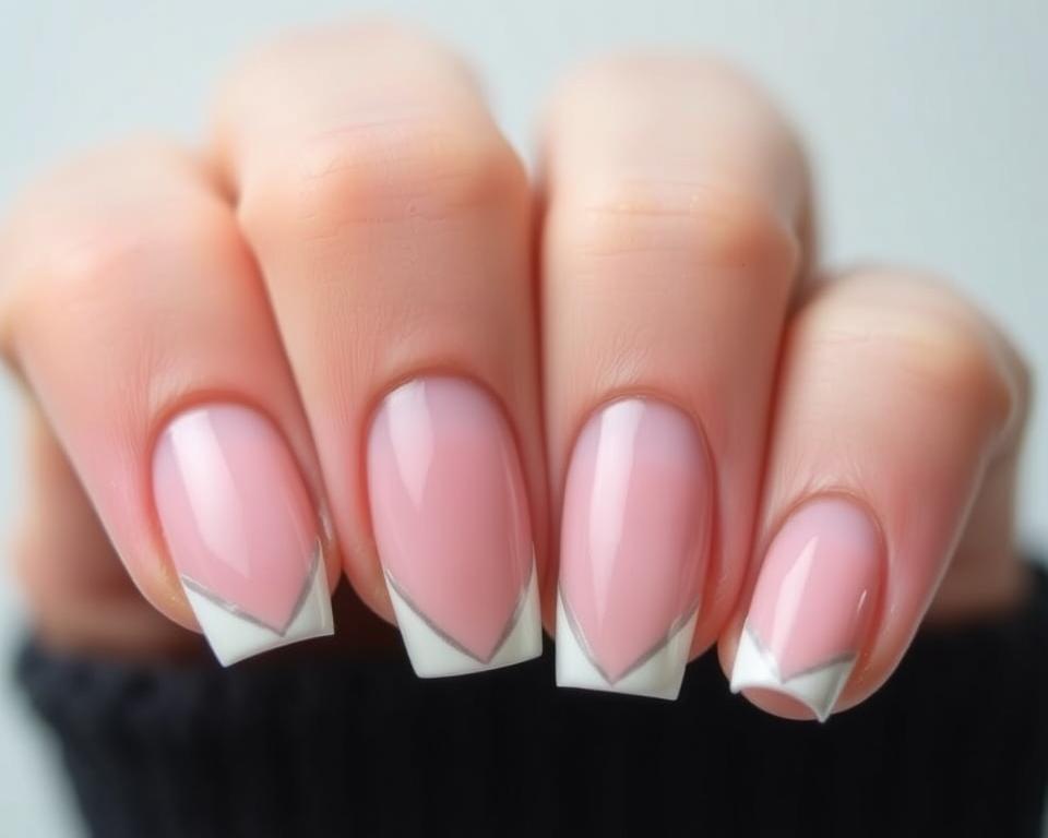 Detailed close-up of a modern French manicure with innovative nail art patterns. Crisp, clean lines accentuate the natural nail shape, with a subtle yet eye-catching design on the tips. The nails are well-groomed, with a glossy, high-shine finish. The color palette features a delicate balance of neutral tones and pops of soft, pastel hues, creating a fresh, contemporary look. Lighting is soft and diffused, highlighting the intricate details and textures. Captured at a slight angle to showcase the dimensional nature of the nail art, with a plain, minimalist background that allows the nails to be the sole focus.
