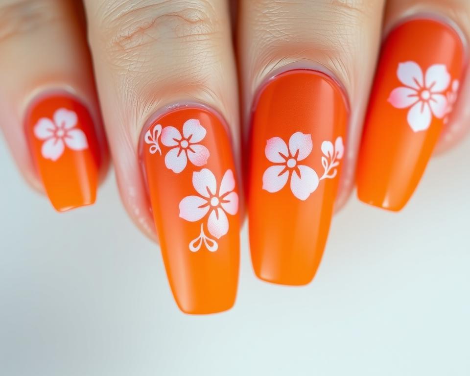 Detailed close-up of vibrant orange ombre nail polish design with delicate floral accents. Intricate patterns of overlapping petals in shades of pink and white adorn the nails, creating a visually striking and aesthetically pleasing effect. The nails are captured in soft, even lighting that highlights the glossy finish and subtle texture. The composition emphasizes the beauty and elegance of this contemporary nail art, making it an ideal focal point for an article on the latest orange and pink manicure trends. Detailed close-up of vibrant orange ombre nail polish design with delicate floral accents. Intricate patterns of overlapping petals in shades of pink and white adorn the nails, creating a visually striking and aesthetically pleasing effect. The nails are captured in soft, even lighting that highlights the glossy finish and subtle texture. The composition emphasizes the beauty and elegance of this contemporary nail art, making it an ideal focal point for an article on the latest orange and pink manicure trends.