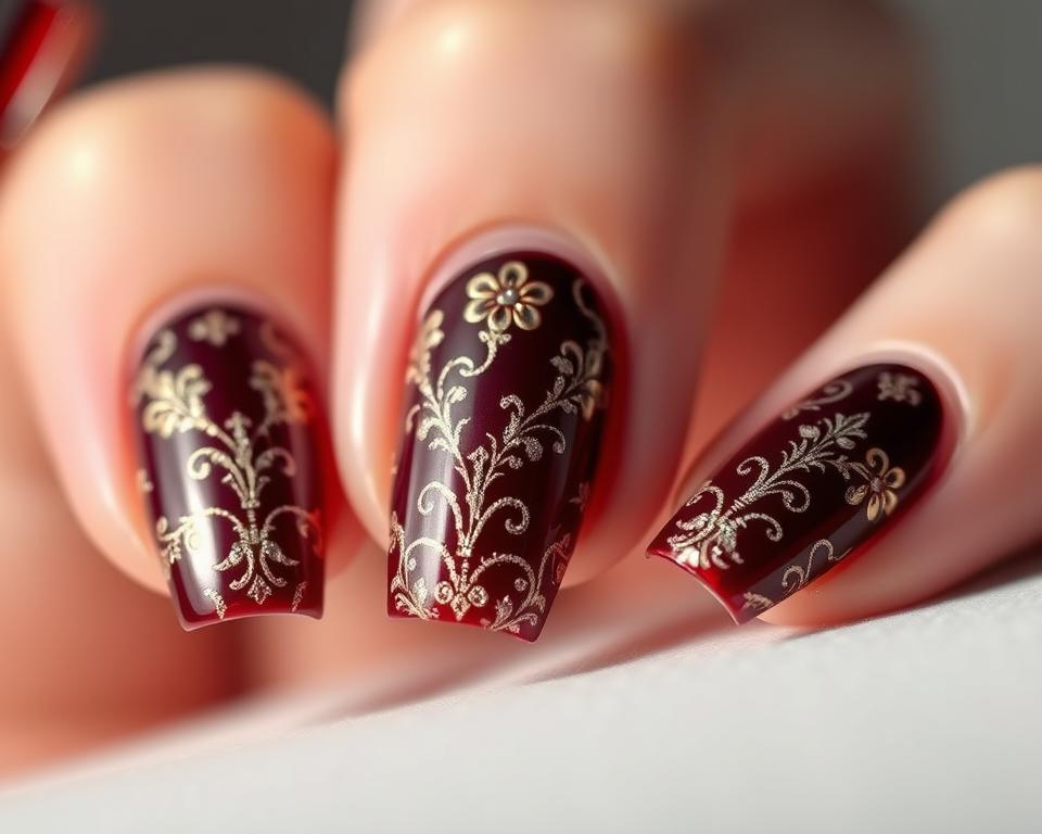 Elegant burgundy nails with intricate, luxurious embellishments. A close-up view showcases the detailed nail art, featuring a rich burgundy base accentuated by delicate gold or silver patterns, intricate lace-like designs, and subtle touches of shimmer. Lighting is soft and flattering, creating a sense of refinement and sophistication. The nails are presented in a clean, minimalist composition that allows the ornate details to shine. Convey a mood of refined elegance, suitable for a fashionable, high-end editorial spread on modern hybrid nail styles. Elegant burgundy nails with intricate, luxurious embellishments. A close-up view showcases the detailed nail art, featuring a rich burgundy base accentuated by delicate gold or silver patterns, intricate lace-like designs, and subtle touches of shimmer. Lighting is soft and flattering, creating a sense of refinement and sophistication. The nails are presented in a clean, minimalist composition that allows the ornate details to shine. Convey a mood of refined elegance, suitable for a fashionable, high-end editorial spread on modern hybrid nail styles.