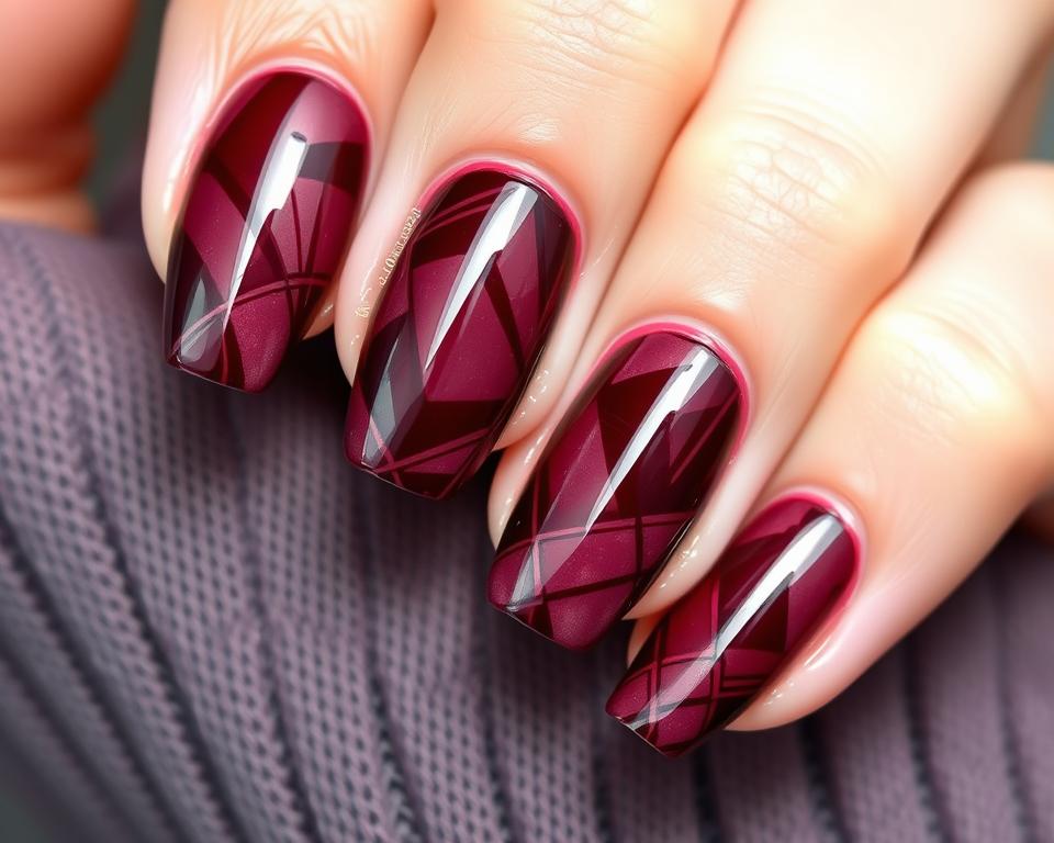 Elegant burgundy nails with modern abstract patterns. Glossy lacquered nails with intricate designs in dark, rich shades of burgundy and plum. Meticulously crafted nail art featuring a mix of geometric shapes, delicate lines, and subtle gradients. Captured in soft, natural lighting that highlights the depth and texture of the nail polish. The overall effect is sophisticated, trendy, and eye-catching, perfectly suited to showcase the latest styles in burgundy gel manicures.