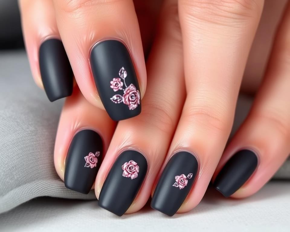 Elegant dark gray nails with delicate rose accents, captured in a natural, well-lit close-up. The matte gray base contrasts beautifully with the shimmering pink floral designs, creating an effortlessly chic and modern look. The nails are manicured to a short, rounded shape, emphasizing the attention to detail. The lighting is soft and diffused, highlighting the textures and shadows of the nails, resulting in a sophisticated and fashion-forward aesthetic. The composition places the nails as the central focus, with a clean, minimalist background that allows the stylish nail art to take center stage. Elegant dark gray nails with delicate rose accents, captured in a natural, well-lit close-up. The matte gray base contrasts beautifully with the shimmering pink floral designs, creating an effortlessly chic and modern look. The nails are manicured to a short, rounded shape, emphasizing the attention to detail. The lighting is soft and diffused, highlighting the textures and shadows of the nails, resulting in a sophisticated and fashion-forward aesthetic. The composition places the nails as the central focus, with a clean, minimalist background that allows the stylish nail art to take center stage.