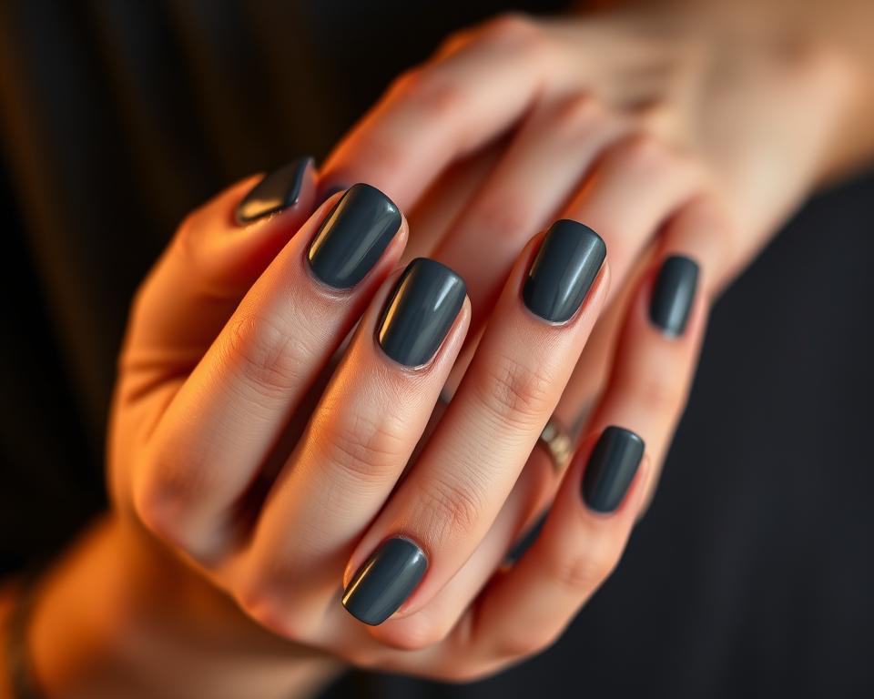 Elegant dark grey manicure for various occasions. A close-up view of slender female hands with neatly trimmed, well-groomed nails painted in a sophisticated slate gray hue. The nails are slightly rounded at the tips, reflecting a classic and refined aesthetic. Soft, warm lighting illuminates the hands, casting subtle shadows that accentuate the texture and shape of the nails. The background is blurred, keeping the focus on the hands and the polished, versatile nail color. The overall mood is one of understated elegance, suitable for both formal and casual settings. Elegant dark grey manicure for various occasions. A close-up view of slender female hands with neatly trimmed, well-groomed nails painted in a sophisticated slate gray hue. The nails are slightly rounded at the tips, reflecting a classic and refined aesthetic. Soft, warm lighting illuminates the hands, casting subtle shadows that accentuate the texture and shape of the nails. The background is blurred, keeping the focus on the hands and the polished, versatile nail color. The overall mood is one of understated elegance, suitable for both formal and casual settings.