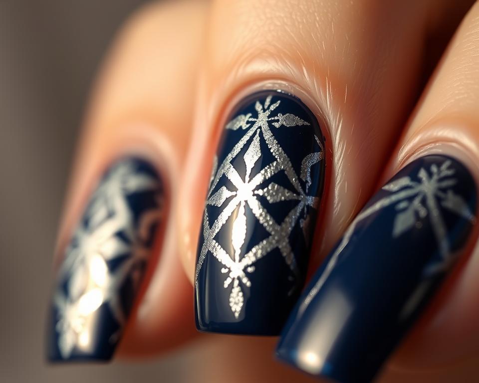Elegant navy blue nails adorned with a captivating silver foil pattern, reflecting the light with a mesmerizing shimmer. The design features a delicate interlocking geometric arrangement, creating a visually striking and harmonious composition. Captured in a close-up perspective, the nails are presented against a softly diffused, neutral background, emphasizing the intricate details and the luxurious, high-end aesthetic. Warm, directional lighting casts subtle shadows, adding depth and dimension to the metallic accents. The overall mood is one of refined sophistication, perfectly complementing the article's section on the timeless pairing of navy blue and silver.