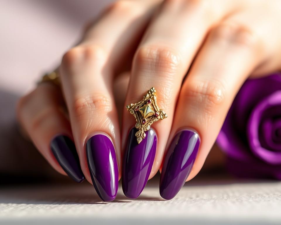 Elegant purple nails adorned with a captivating gold accent, showcased in a refined and sophisticated composition. Soft, natural lighting illuminates the intricate nail art, highlighting the seamless blend of the deep, regal purple and the lustrous, metallic gold. The nails are delicately posed, capturing the essence of the luxurious pairing, set against a subtly blurred, neutral background that allows the focal point to shine. The overall mood evokes a sense of refined elegance and timeless beauty, perfectly encapsulating the "Połączenie fioletu ze złotem – idealny duet" theme.