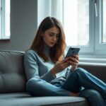 Kobieta siedząca samotnie na kanapie, przeglądająca telefon z zamyślonym wyrazem twarzy, ilustrująca zasadę 3 miesięcy milczenia po rozstaniu