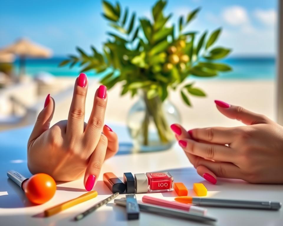 Manicured hands resting on a pristine white surface, nails freshly prepped and polished in anticipation of a sun-soaked vacation. Soft, diffused lighting casts a warm, summery glow, highlighting the vibrant colors and textures of the nail polish. In the foreground, an array of nail care tools and accessories, including nail files, buffers, and a selection of vibrant, tropical-inspired nail polish shades. The middle ground features a vase of lush, verdant foliage, hinting at the relaxing, nature-inspired atmosphere to come. In the background, a blurred, beach-themed backdrop, with glimpses of azure skies and a distant horizon, evoking the carefree spirit of a summer vacation.