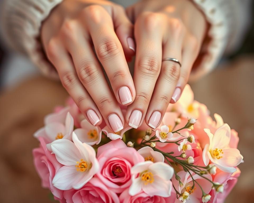 Manicured hands with well-groomed nails, freshly polished in soft pastel shades, resting on a delicate floral arrangement. The lighting is soft and warm, casting a gentle glow on the scene. The background is blurred, allowing the focus to remain on the hands and nails, showcasing their post-winter rejuvenation. The composition is balanced and elegant, capturing the essence of spring nail care after the harsh winter months. Manicured hands with well-groomed nails, freshly polished in soft pastel shades, resting on a delicate floral arrangement. The lighting is soft and warm, casting a gentle glow on the scene. The background is blurred, allowing the focus to remain on the hands and nails, showcasing their post-winter rejuvenation. The composition is balanced and elegant, capturing the essence of spring nail care after the harsh winter months.