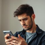 Mężczyzna patrzący na telefon z zamyślonym wyrazem twarzy, symbolizujący kontakt z byłą partnerką