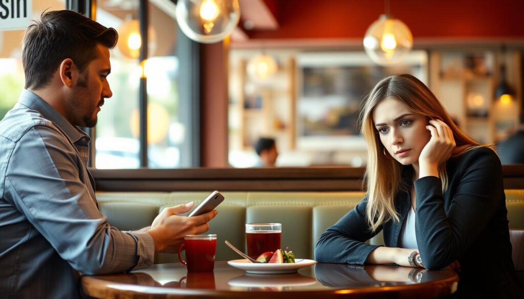 Mężczyzna sprawdzający telefon podczas randki, facet gracz ignorujący partnerkę