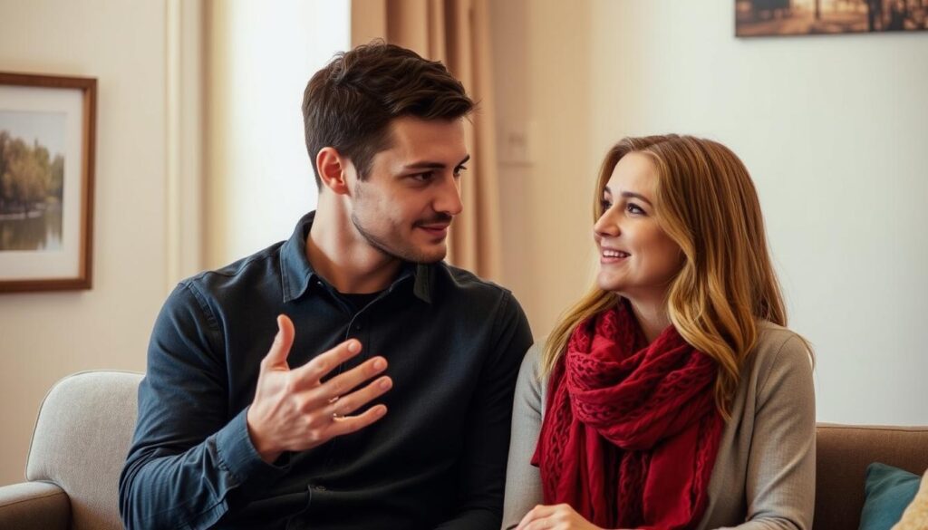 Para rozmawiająca ze sobą, kobieta gestykuluje, mężczyzna słucha, ilustrująca różnice w komunikacji i o czym myślą mężczyźni