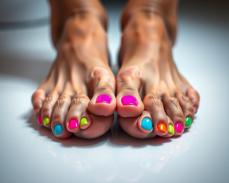Trendy and vibrant pedicure for summer 2023, featuring striking neon colors. An artistic closeup of meticulously painted toes, with a bold palette of fluorescent pinks, greens, and blues. The nails have a glossy, high-shine finish, creating an eye-catching, fashionable look. The lighting is soft and flattering, accentuating the vibrant hues. The composition places the feet at the center, drawing the viewer's gaze to the stylish, on-trend pedicure. The background is subtly out of focus, keeping the focus on the nails and creating a clean, minimalist aesthetic. The overall mood is modern, youthful, and summer-ready.