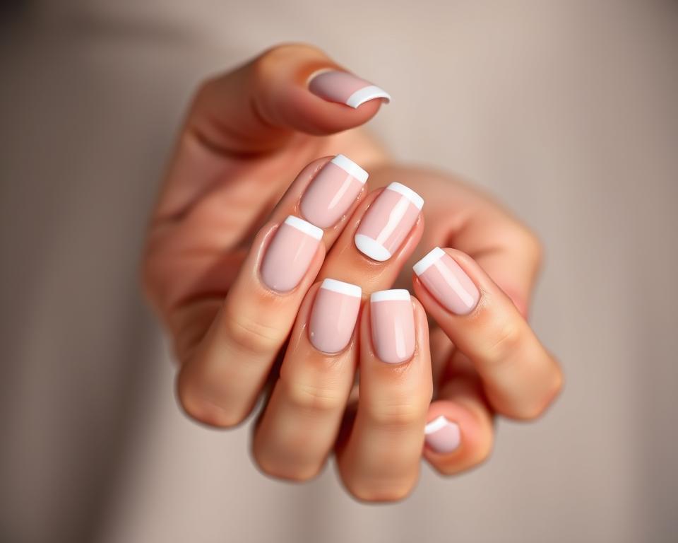 a high-quality, highly detailed, professional-looking image of a techniki french manicure, featuring a close-up view of a woman's hands with perfectly executed french tips in a variety of delicate shades, captured in soft, even lighting that highlights the subtle textures and patterns of the nails. The image should convey a sense of elegance, sophistication, and attention to detail, with a focus on the intricate techniques and artistry involved in creating this classic manicure style. The background should be a clean, minimalist setting that allows the hands and nails to be the primary focus of the composition.