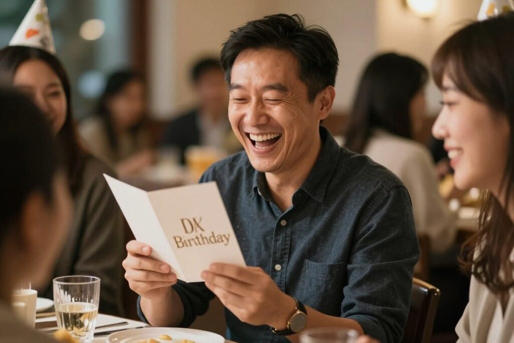 35-latek śmiejący się z zabawnej kartki urodzinowej, otoczony przyjaciółmi