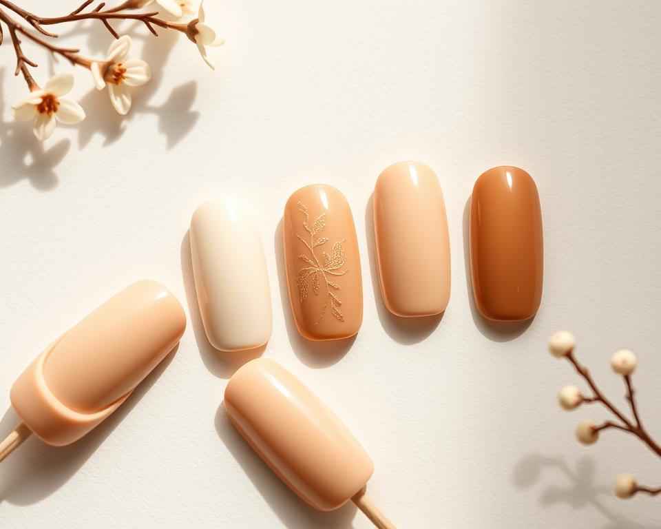 A collection of delicate beige nail polish hues, ranging from soft ivory to deep caramel, artfully arranged on a minimalist background. Subtle variations in tone and texture create a harmonious, natural palette, evoking the warmth and sophistication of the "beige with gold" theme. Soft, diffused lighting casts gentle shadows, highlighting the nuanced shades and the inherent beauty of the natural nail. The overall composition conveys a sense of elegant simplicity, perfectly suited to illustrate the "Rodzaje odcieni beżu" section of the article. A collection of delicate beige nail polish hues, ranging from soft ivory to deep caramel, artfully arranged on a minimalist background. Subtle variations in tone and texture create a harmonious, natural palette, evoking the warmth and sophistication of the "beige with gold" theme. Soft, diffused lighting casts gentle shadows, highlighting the nuanced shades and the inherent beauty of the natural nail. The overall composition conveys a sense of elegant simplicity, perfectly suited to illustrate the "Rodzaje odcieni beżu" section of the article.