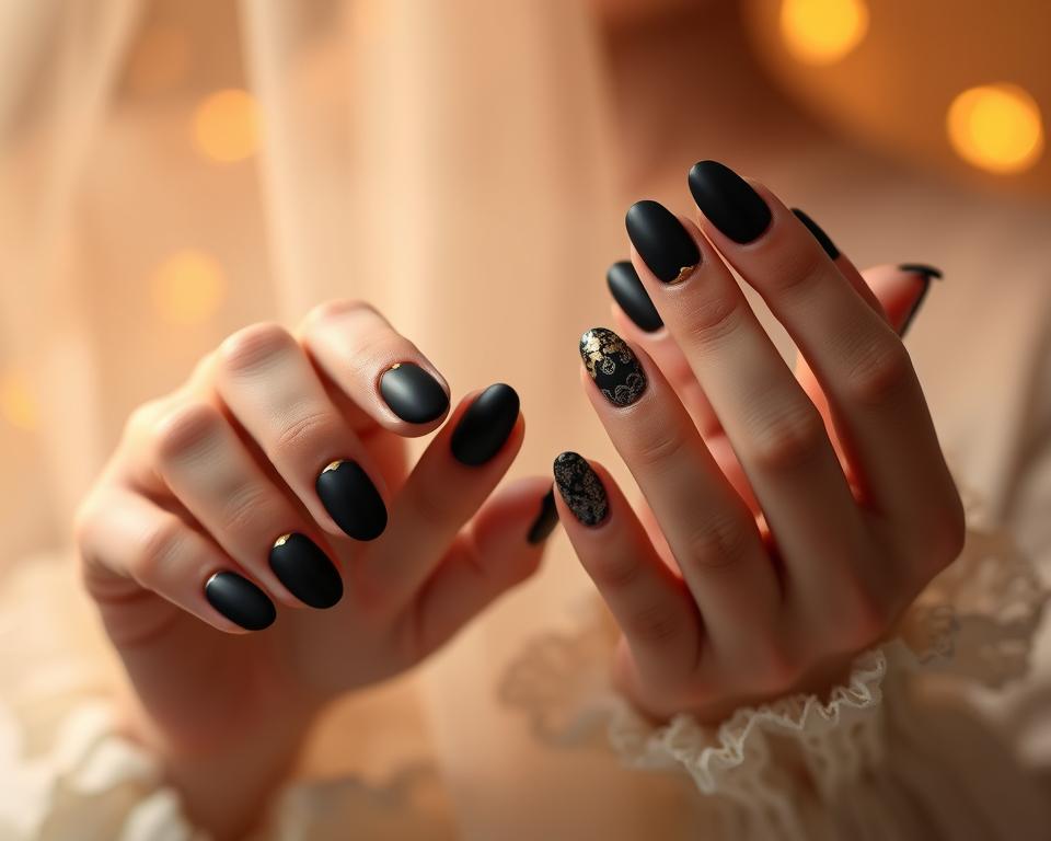 A dramatic and sophisticated black manicure set against a soft, ethereal backdrop. The nails are elegantly painted in a deep, onyx hue, each one showcasing a unique design - intricate lace patterns, delicate gold foil accents, or a velvety matte finish. The hands are posed gracefully, highlighting the intricate nail art. Warm, hazy lighting casts a gentle glow, creating a sense of depth and atmosphere. The overall mood is one of understated glamour and refinement, perfectly capturing the essence of the "black nails with meringue" aesthetic.
