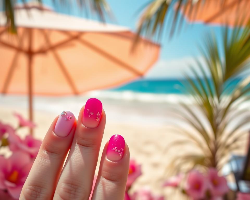 A vibrant array of colorful ombre nails against a warm summer backdrop. In the foreground, a close-up view showcases intricate nail art with a gradient of vibrant hues, ranging from pastel pinks to rich fuchsias, all complemented by delicate floral accents. The middle ground features a softly blurred scene of a sun-drenched beach, with gentle waves lapping at the shore and a glimpse of a serene blue sky above. Lighting is natural and diffused, creating a luminous, sun-kissed atmosphere that enhances the vivid colors and textures of the nails. The overall mood is one of carefree summer joy and inspiration for effortlessly chic ombre manicures.