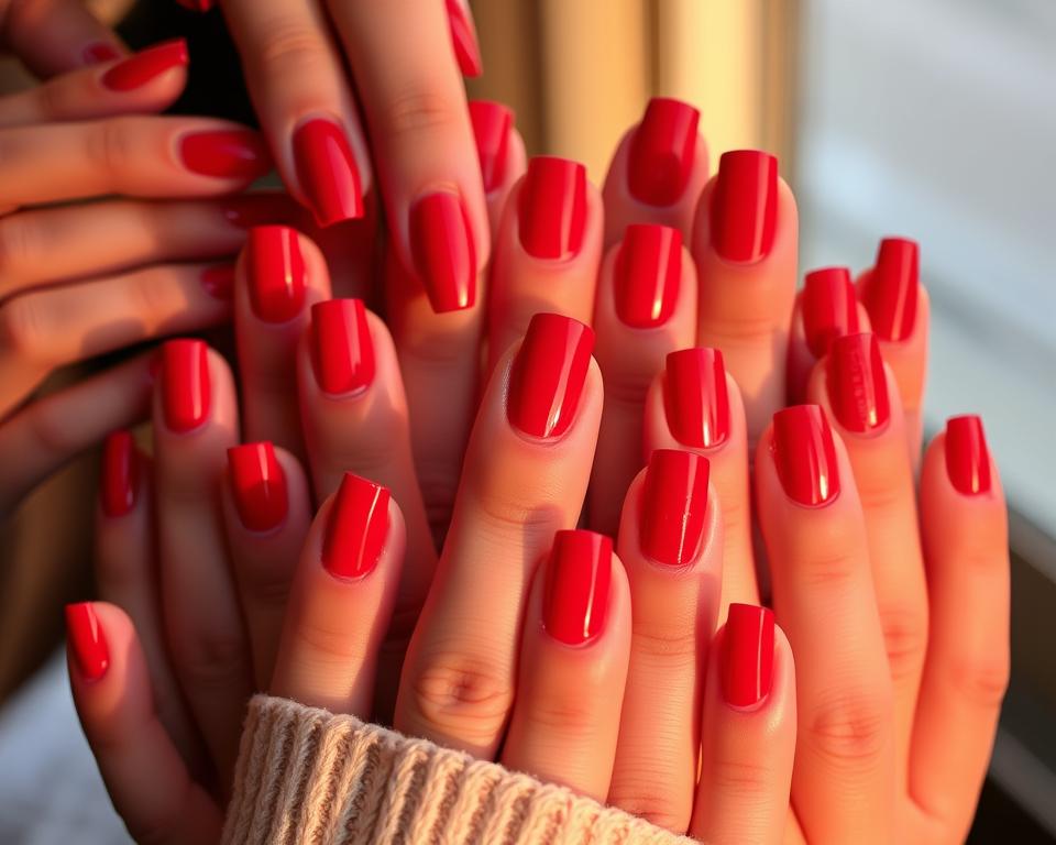A vibrant collection of various nail shapes, each adorned with a rich, crimson manicure. The nails are meticulously crafted, showcasing a spectrum of styles - from the sleek and minimalist to the boldly tapered. The lighting casts a warm, ambient glow, highlighting the subtle sheen of the polish and the elegant curves of the nail beds. The composition is balanced, with the nails arranged in an aesthetically pleasing manner, drawing the viewer's eye to the diverse array of shapes and hues. The overall mood is one of sophistication and allure, perfectly complementing the subject of the article's section on the versatility of red nails.