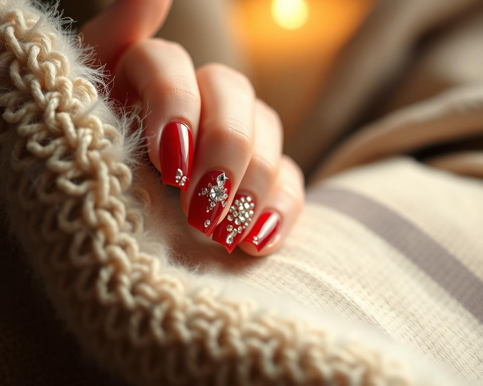 Delicate crimson nails with shimmering crystals arranged in elegant patterns, catching the soft, diffused light of a cozy, intimate setting. The manicure, a masterful blend of sophistication and subtle glamour, takes center stage against a backdrop of muted tones and textures, creating a sense of refinement and understated luxury. The composition emphasizes the intricate nail art, drawing the viewer's eye to the intricate details and the interplay of light and shadow on the bejeweled surface.