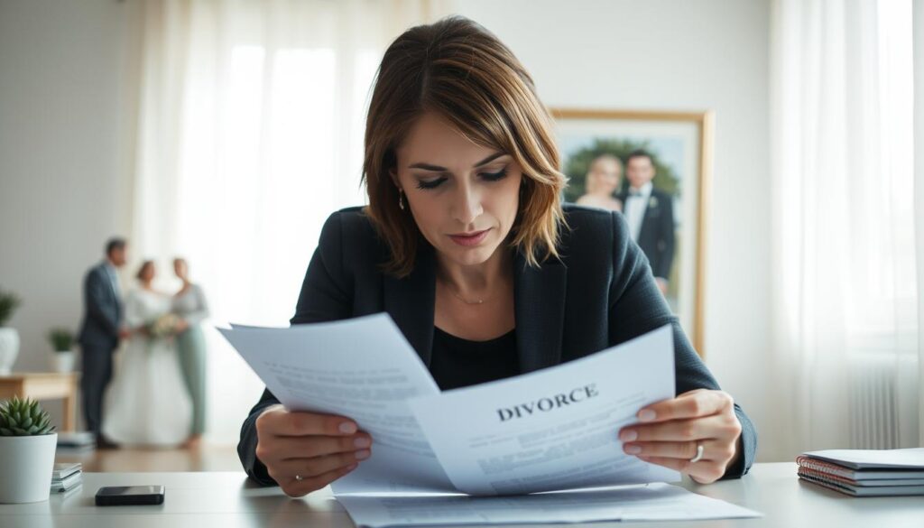 Kobieta przeglądająca dokumenty rozwodowe po odrzuceniu przez męża Kobieta przeglądająca dokumenty rozwodowe po odrzuceniu przez męża