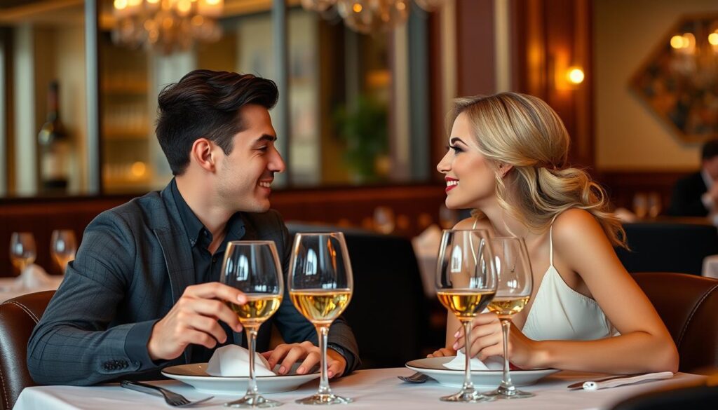 Para na trzeciej randce w restauracji, rozważająca mit o zasadzie trzech randek przed decyzją kiedy iść do łóżka Para na trzeciej randce w restauracji, rozważająca mit o zasadzie trzech randek przed decyzją kiedy iść do łóżka