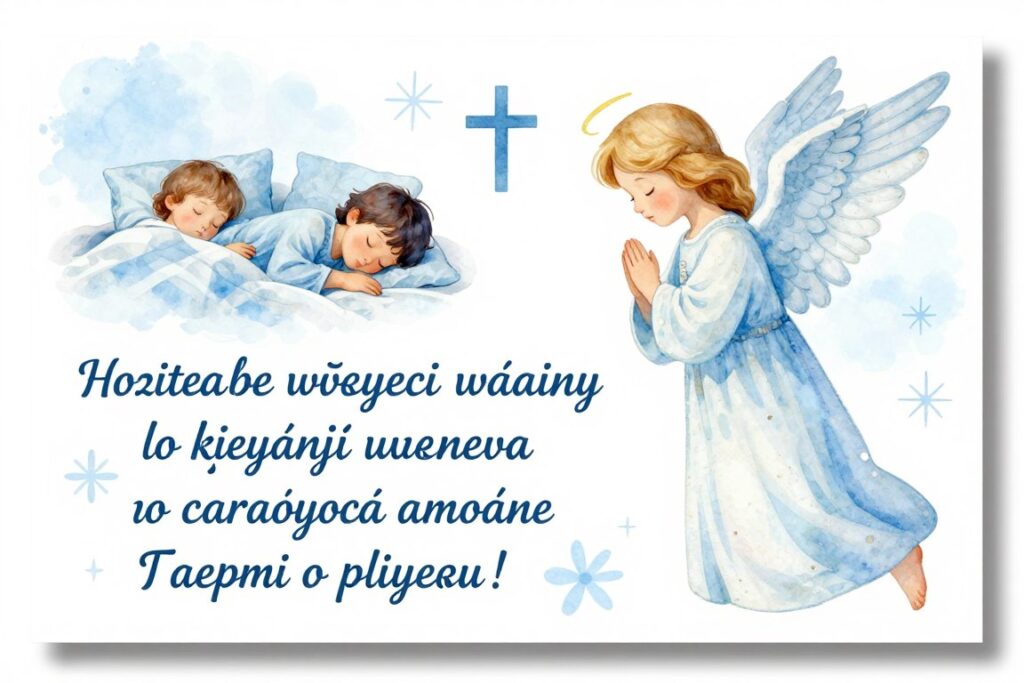 Religijna kartka na dobranoc z motywem anioła i modlitwy