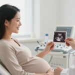Kobieta w ciąży oglądająca zdjęcie USG z płcią dziecka