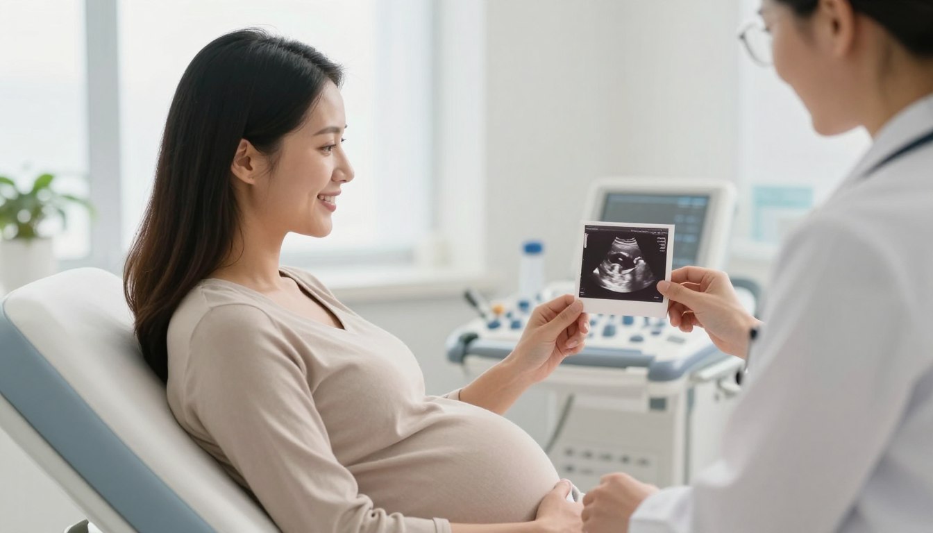 Kobieta w ciąży oglądająca zdjęcie USG z płcią dziecka