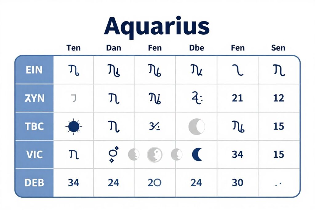Szczegółowy kalendarz astrologiczny z zaznaczonym okresem Wodnika