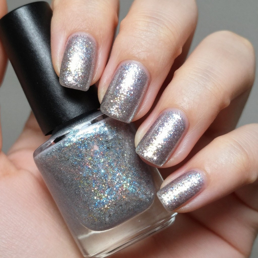 Srebrny manicure z brokatem do fuksjowej sukienki na wesele Srebrny manicure z brokatem do fuksjowej sukienki na wesele