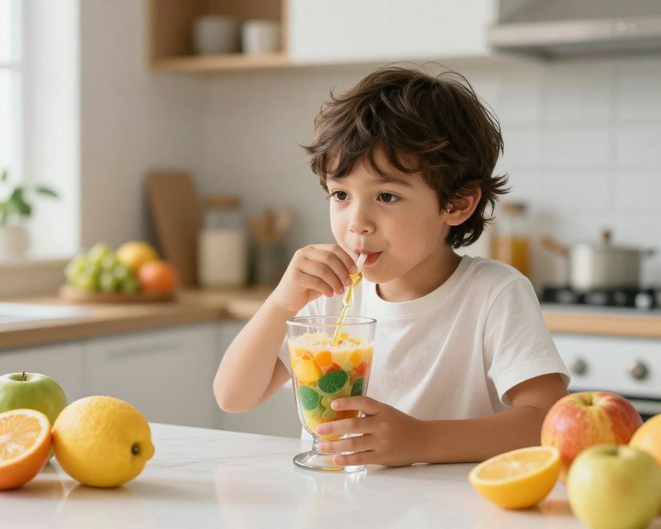 dziecko pijące smoothie wzbogacone tranem