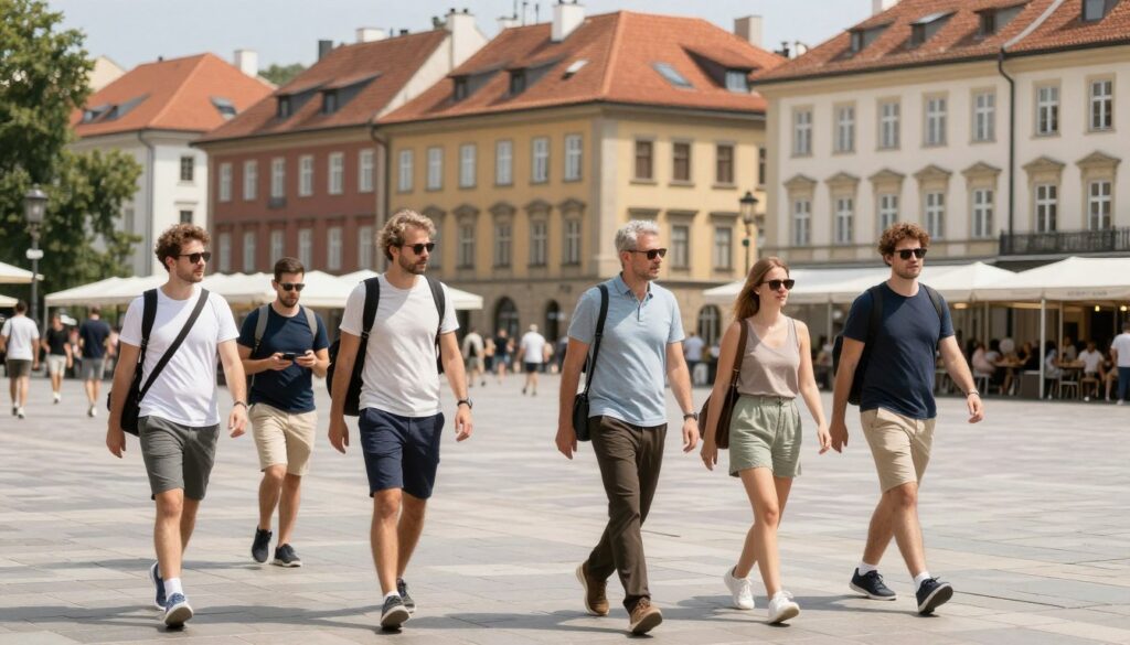 jak się ubrać na zwiedzanie miasta - turyści w centrum europejskiego miasta jak się ubrać na zwiedzanie miasta - turyści w centrum europejskiego miasta