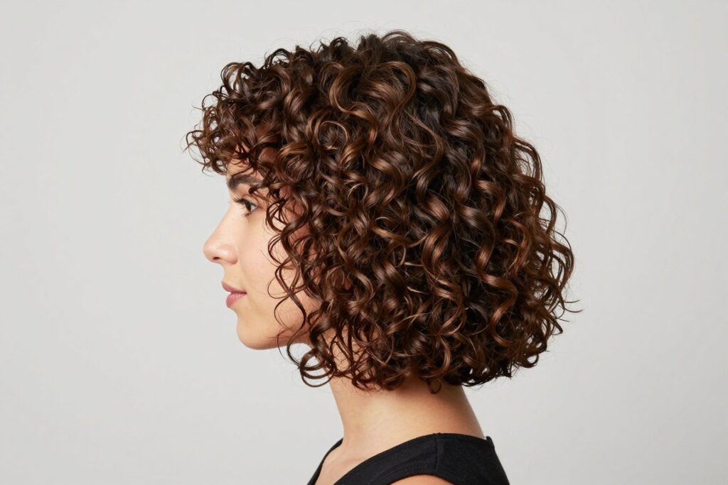 kobieta z curly bob stylizacja kręcone włosy