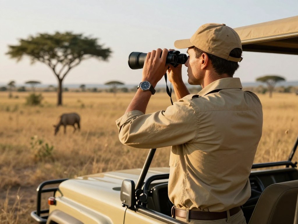 safari w Kenii - turysta w odpowiednim ubraniu obserwujący zwierzęta safari w Kenii - turysta w odpowiednim ubraniu obserwujący zwierzęta