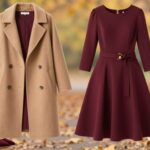 Elegancka stylizacja na wesele jesienią z sukienką midi i płaszczem