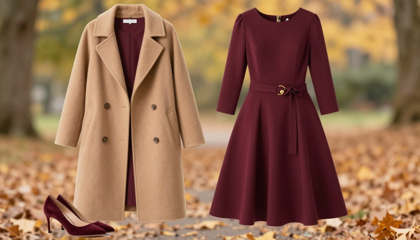 Elegancka stylizacja na wesele jesienią z sukienką midi i płaszczem