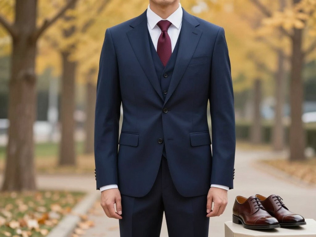 Elegancki męski garnitur na wesele jesienią w kolorze granatowym