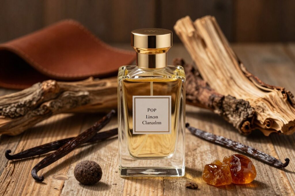 Flakon perfum z nutą kastoreum na tle naturalnych składników