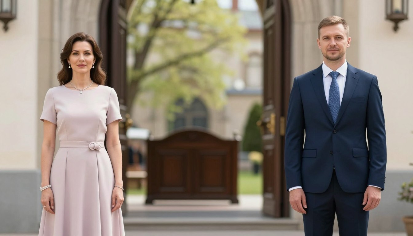 Jak się ubrać na komunię dziecka - elegancka para rodziców przed kościołem