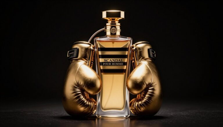 Jean Paul Gaultier Scandal Pour Homme flakon w kształcie rękawic bokserskich na eleganckim tle